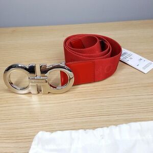 Salvatore Ferragamo Mens Belt Sz 32 Red Double Gancini Jacquard Logo Band $395
